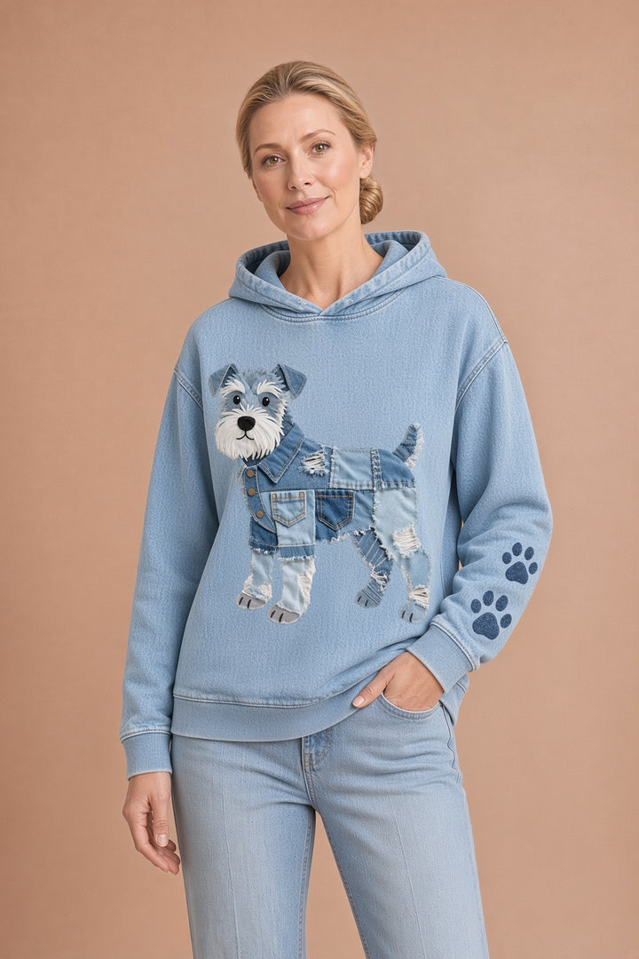 Lola – Naisten farkkuhuppari Patchwork Art Snautseri-koirakuosilla