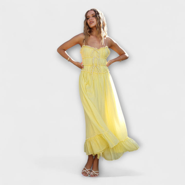 Celine – Midi šaty bez rukávů s volánkovým lemem