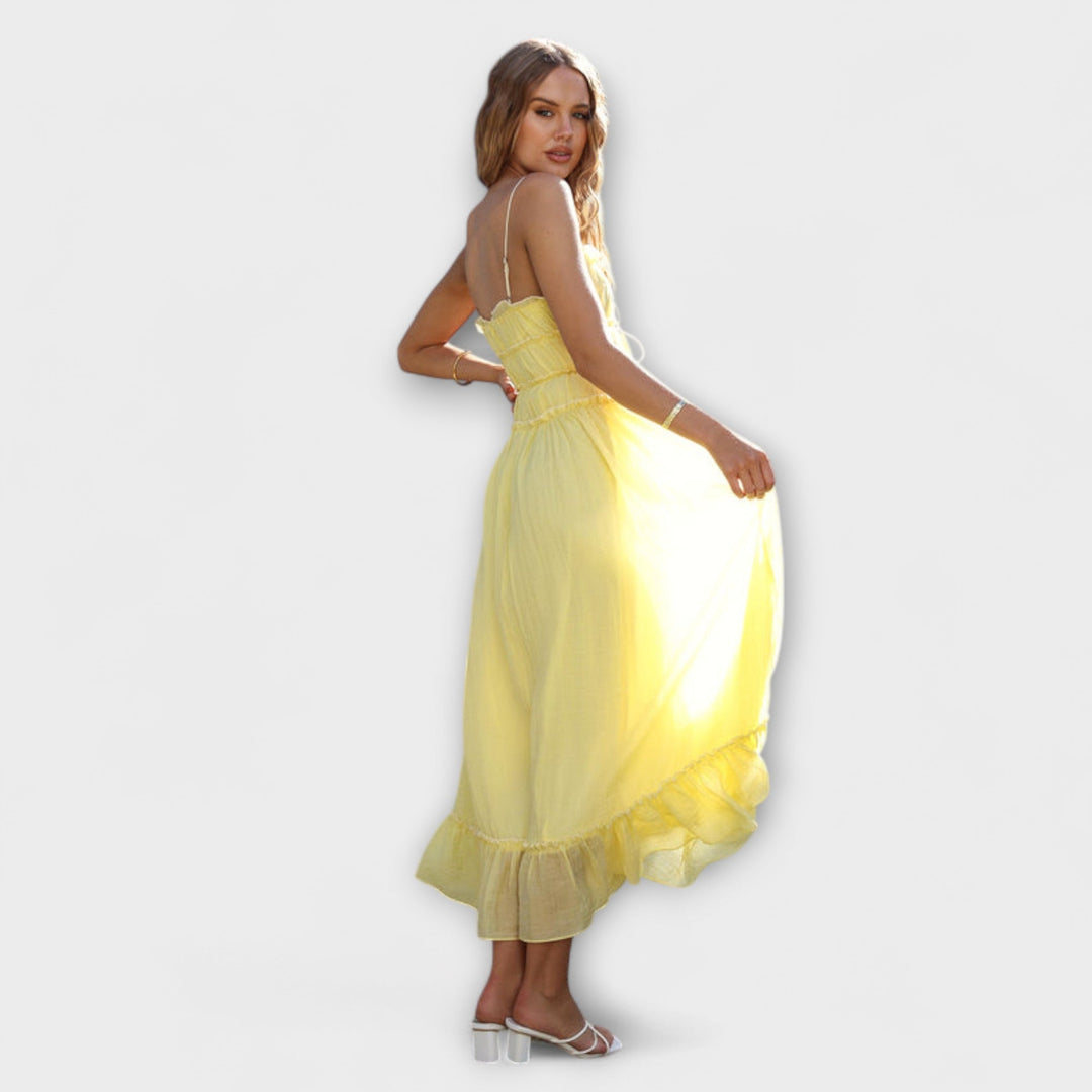 Celine – Midi šaty bez rukávů s volánkovým lemem
