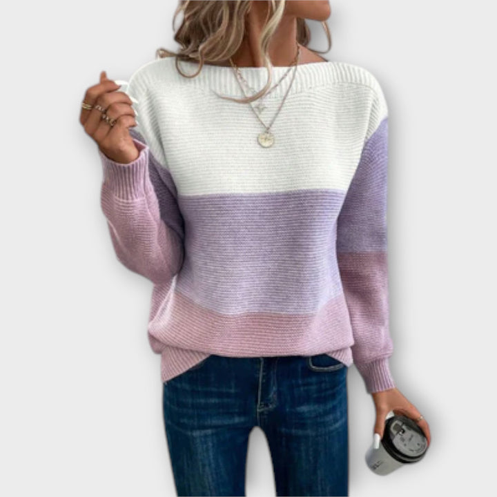 Clara – Tyylikäs kolmivärinen patchwork-neule