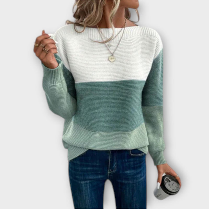 Clara – Tyylikäs kolmivärinen patchwork-neule