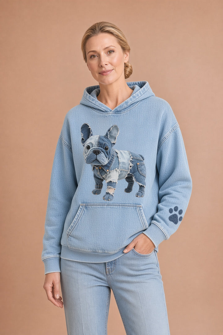Blanca – Huppari raidallisella ranskanbulldoggilla ja denim-appliikaatiolla naisille