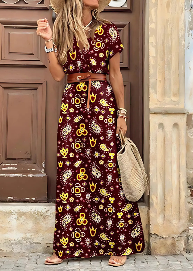 Briony – Elegantní dlouhé šaty s paisley vzorem a páskem