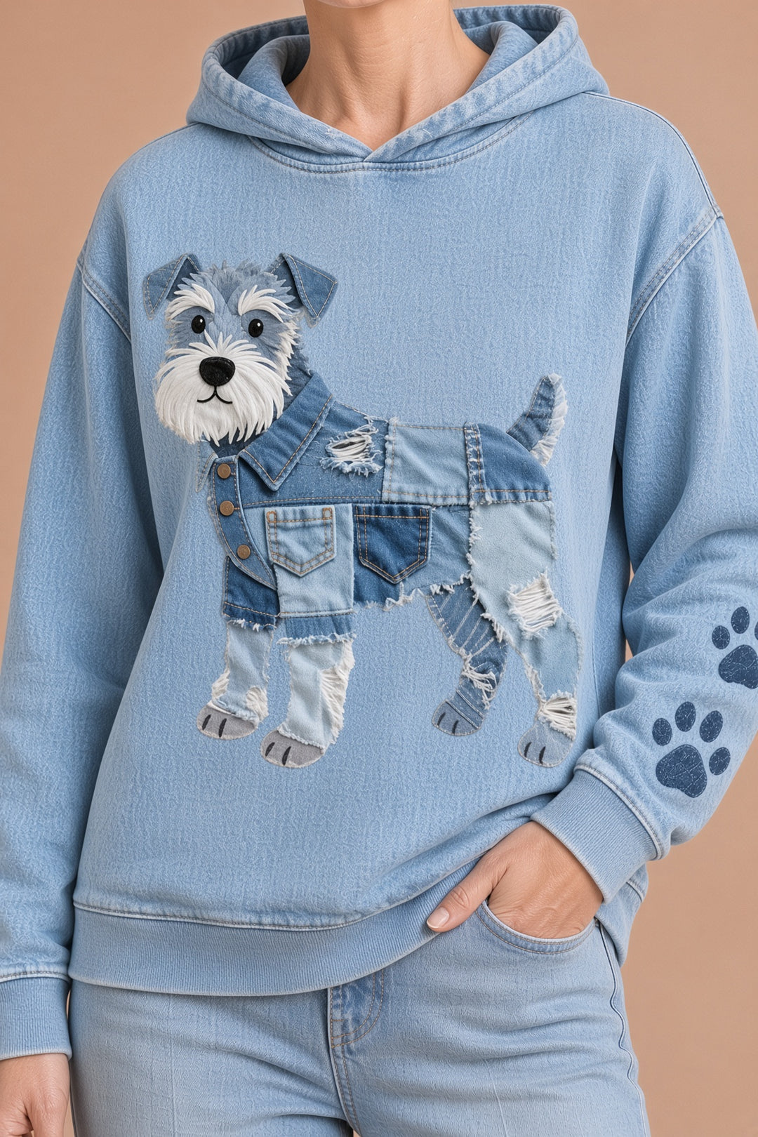 Lola – Naisten farkkuhuppari Patchwork Art Snautseri-koirakuosilla – kuva 5