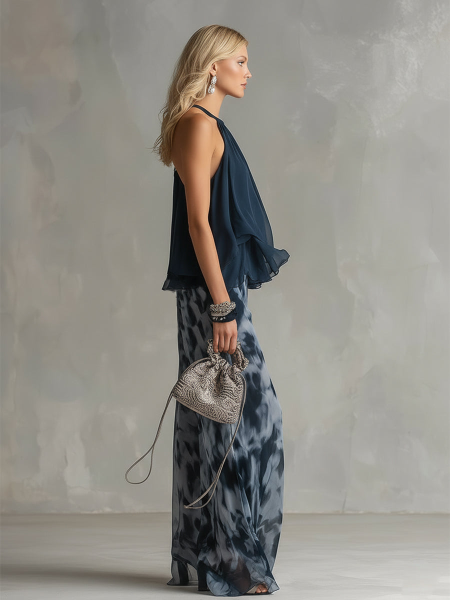 Ludovica | Elegantní top s halter výstřihem v námořnické modři a volné vzorované kalhoty