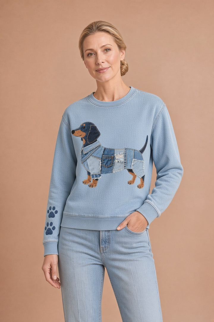 Sol – Naisten huppari denim-patchworkilla ja mäyräkoirakuviolla