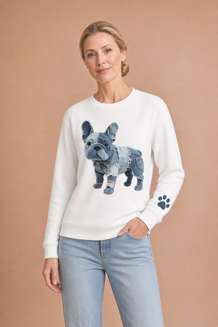 Rosa – Naisten huppari denim-tilkkutyöllä ranskanbulldoggi-tyyliin