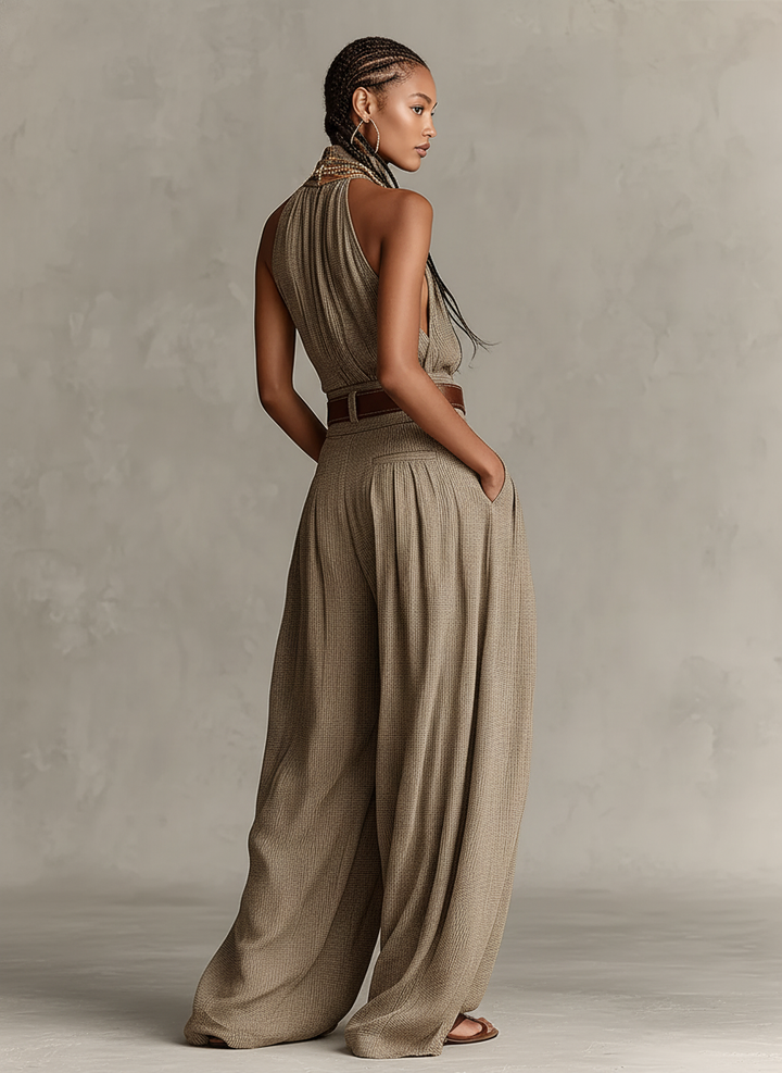 Dámský overal ze směsové bavlny v barvě taupe s americkým průramkem a širokými nohavicemi, nadčasový boho-elegantní styl (bez pásku)