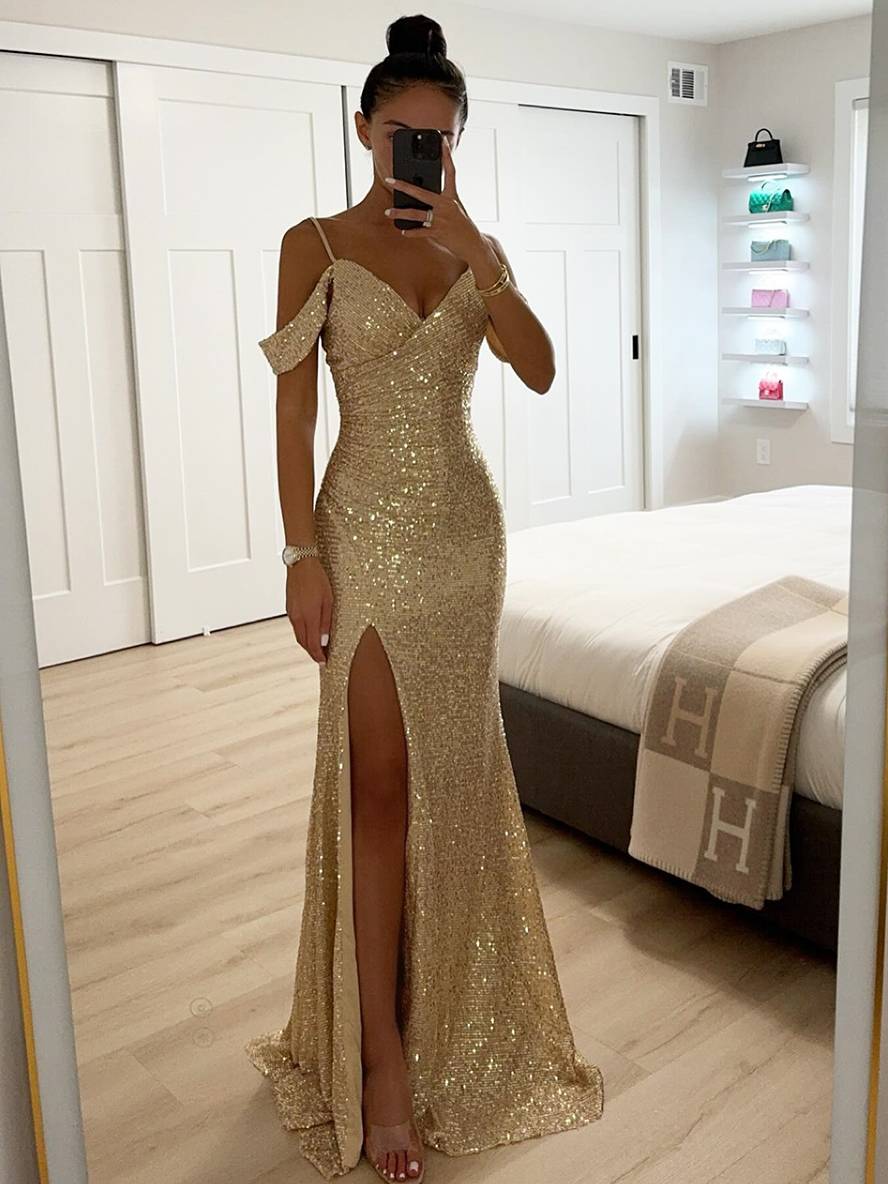 Valentina – Elegantní večerní šaty s výstřihem do V a flitry