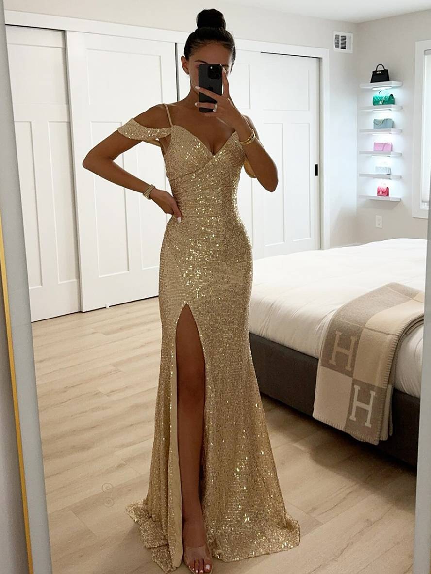 Valentina – Elegantní večerní šaty s výstřihem do V a flitry