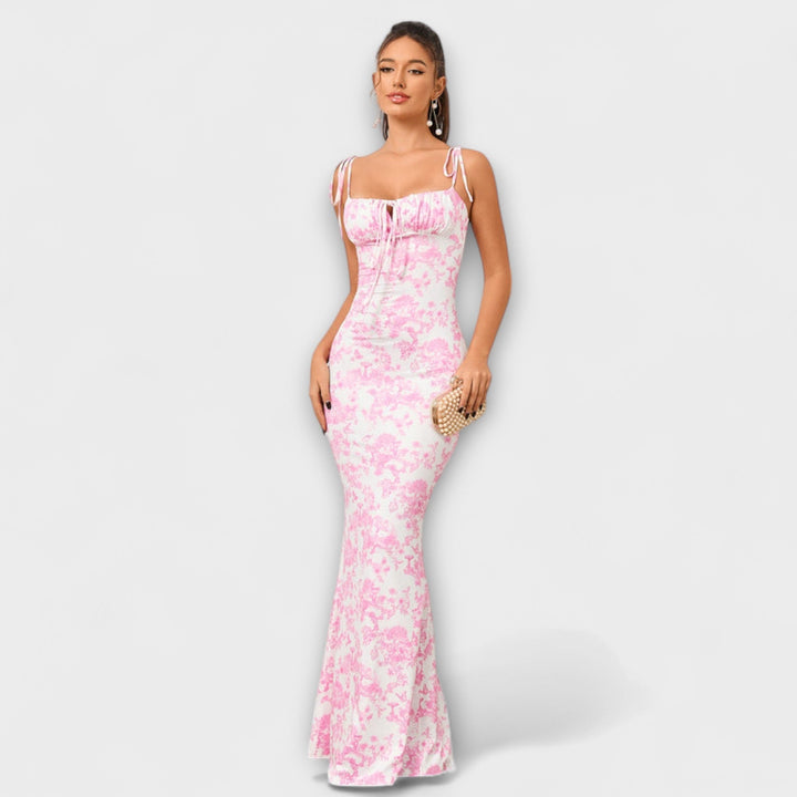 Thalia - Plesové šaty s květinovým potiskem a vázacími ramínky