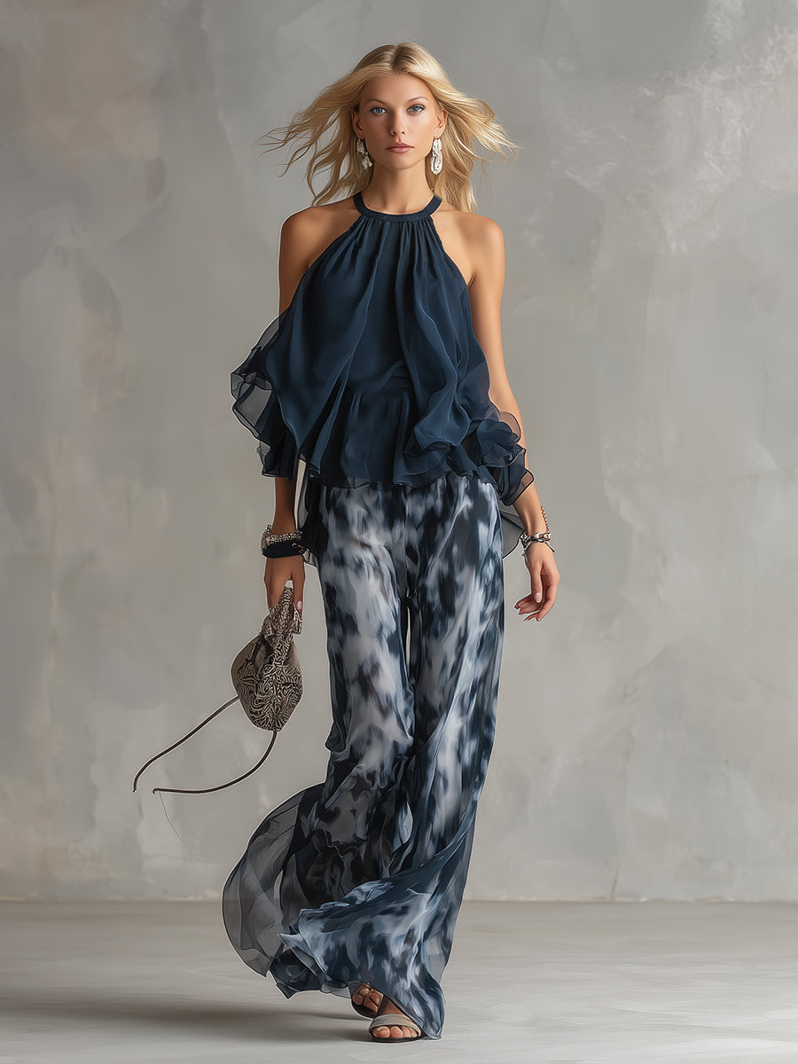 Ludovica | Elegantní top s halter výstřihem v námořnické modři a volné vzorované kalhoty