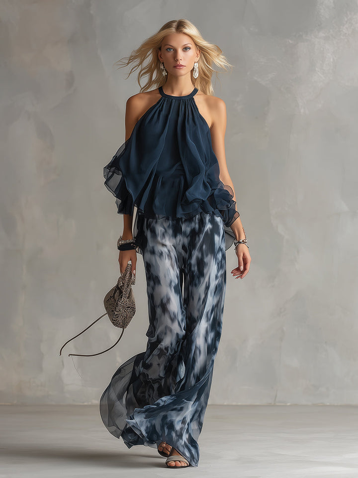 Ludovica | Elegantní top s halter výstřihem v námořnické modři a volné vzorované kalhoty