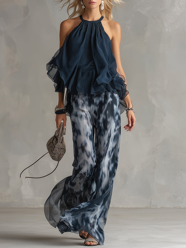 Ludovica | Elegantní top s halter výstřihem v námořnické modři a volné vzorované kalhoty