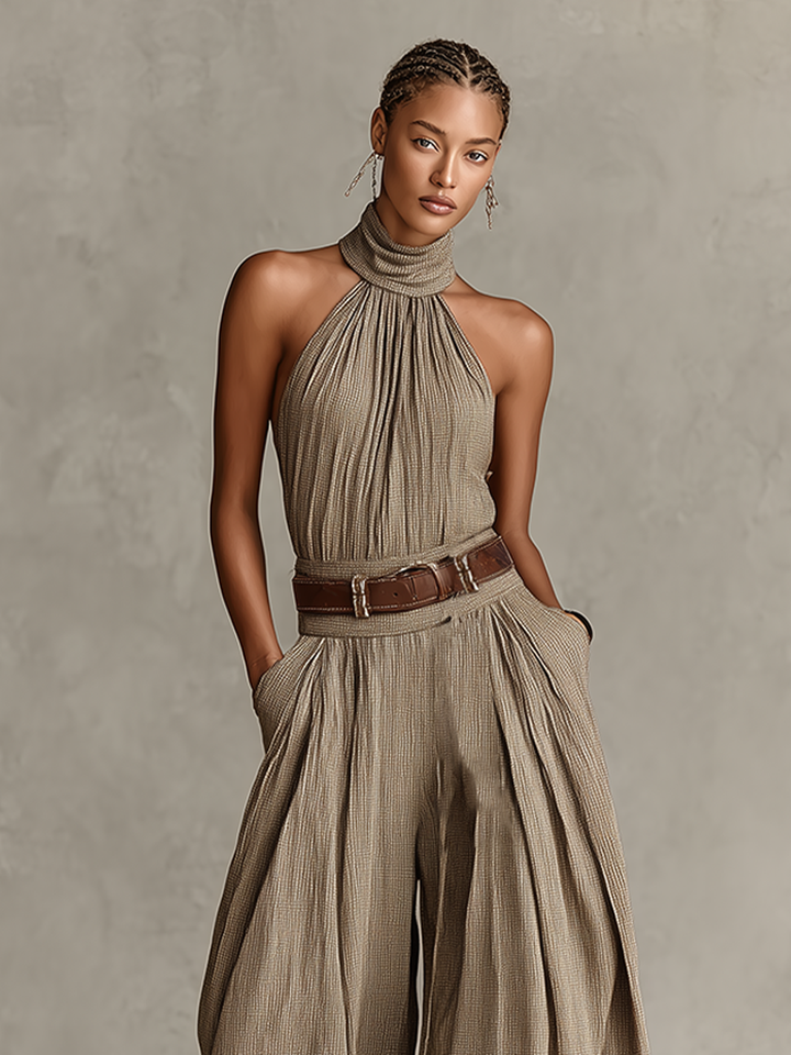 Dámský overal ze směsové bavlny v barvě taupe s americkým průramkem a širokými nohavicemi, nadčasový boho-elegantní styl (bez pásku)
