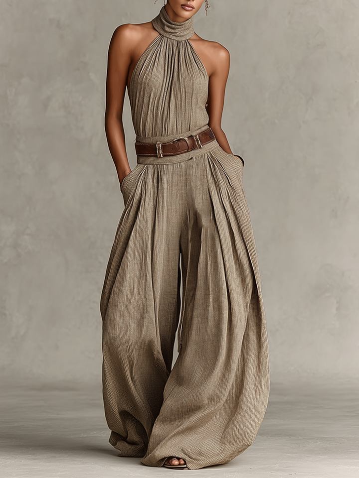 Dámský overal ze směsové bavlny v barvě taupe s americkým průramkem a širokými nohavicemi, nadčasový boho-elegantní styl (bez pásku)