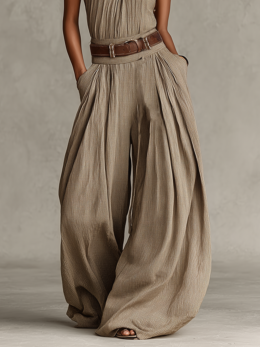Dámský overal ze směsové bavlny v barvě taupe s americkým průramkem a širokými nohavicemi, nadčasový boho-elegantní styl (bez pásku)