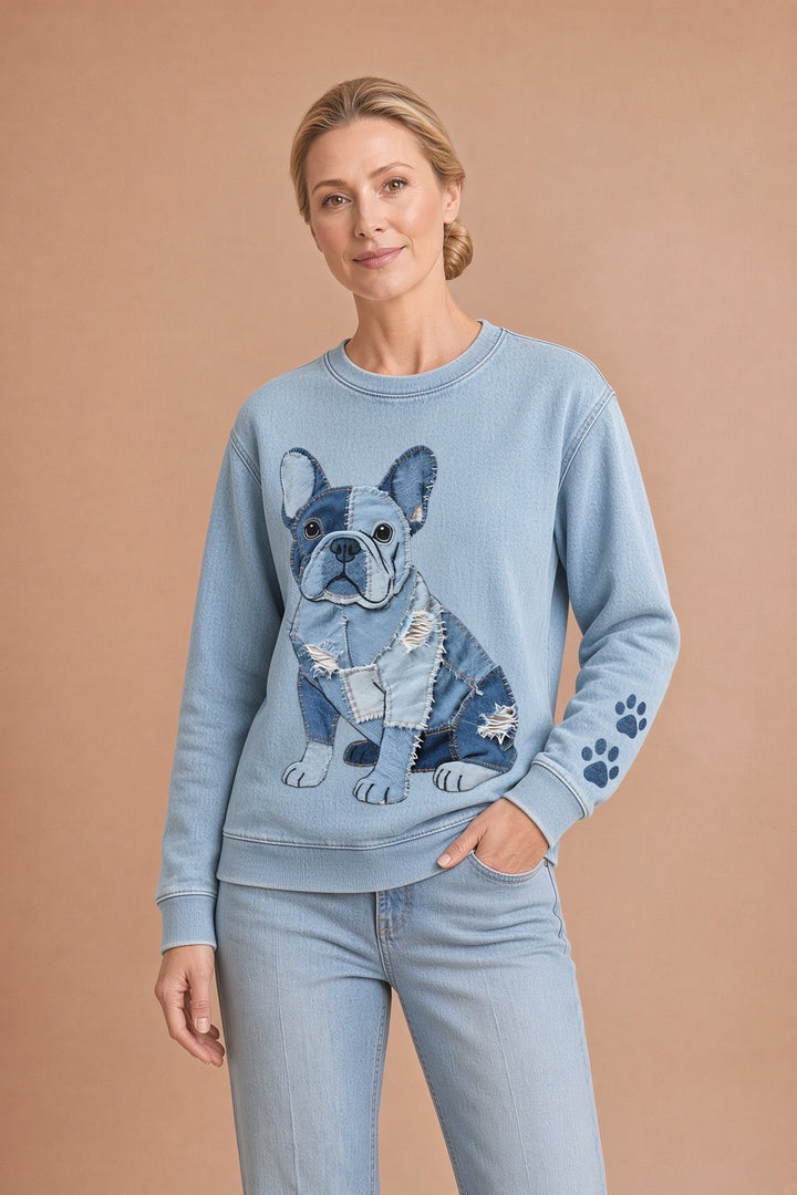 Nina – Naisten huppari denim-patchworkilla ranskanbulldoggityyliin – kuva 1
