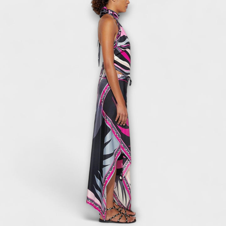 Everly – Halter-toppi ja epäsymmetrinen midihame -setti
