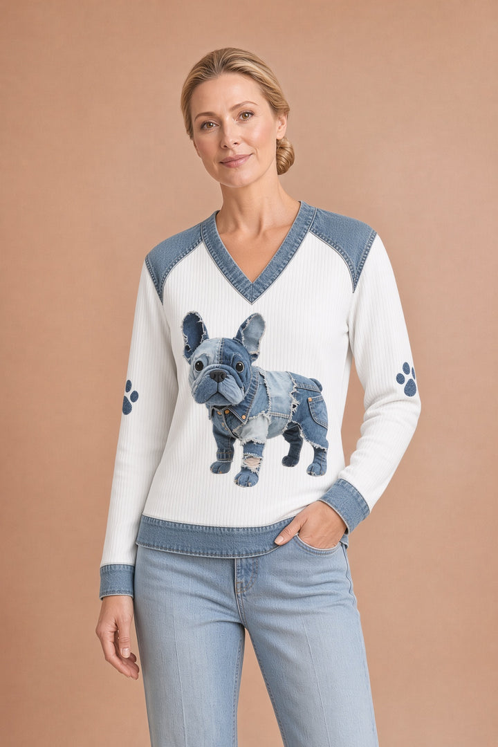 Abril – Taiteellinen patchwork-denimtoppi naisille, ranskanbulldoggi ja V-pääntie