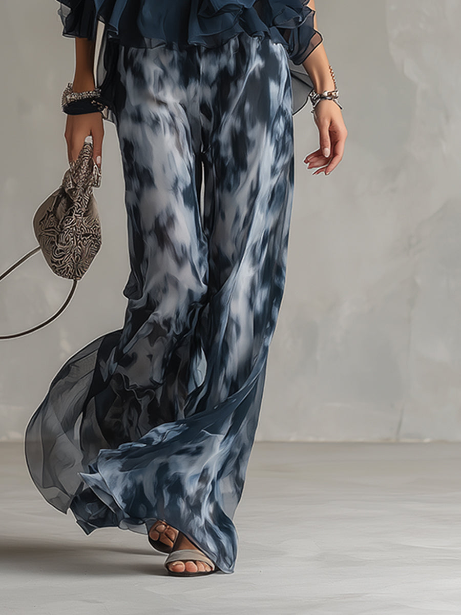 Ludovica | Elegantní top s halter výstřihem v námořnické modři a volné vzorované kalhoty