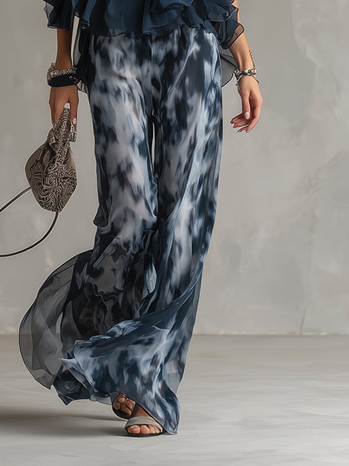 Ludovica | Elegantní top s halter výstřihem v námořnické modři a volné vzorované kalhoty