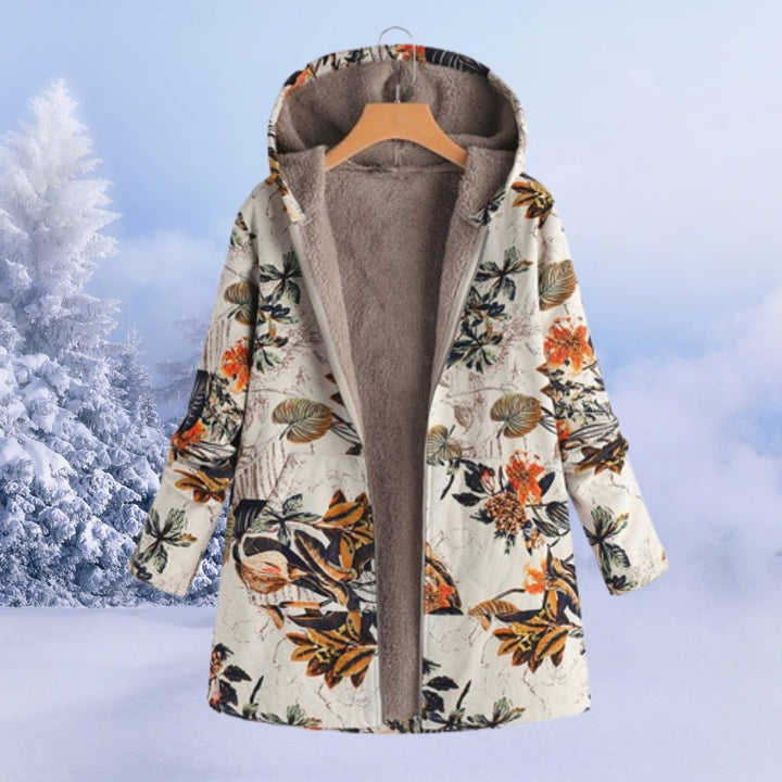 Dámský zimní kabát s kapucí z květovaného sherpa materiálu