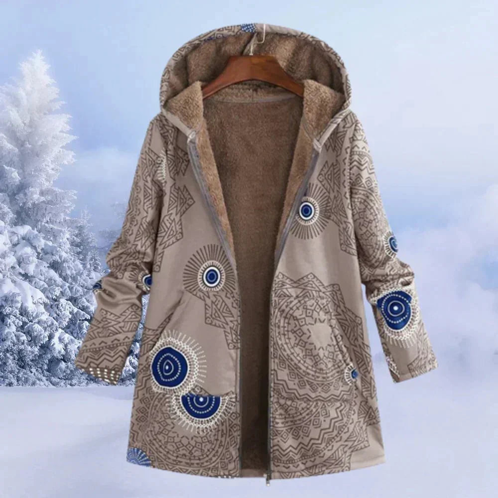 Dámský zimní kabát s kapucí z květovaného sherpa materiálu