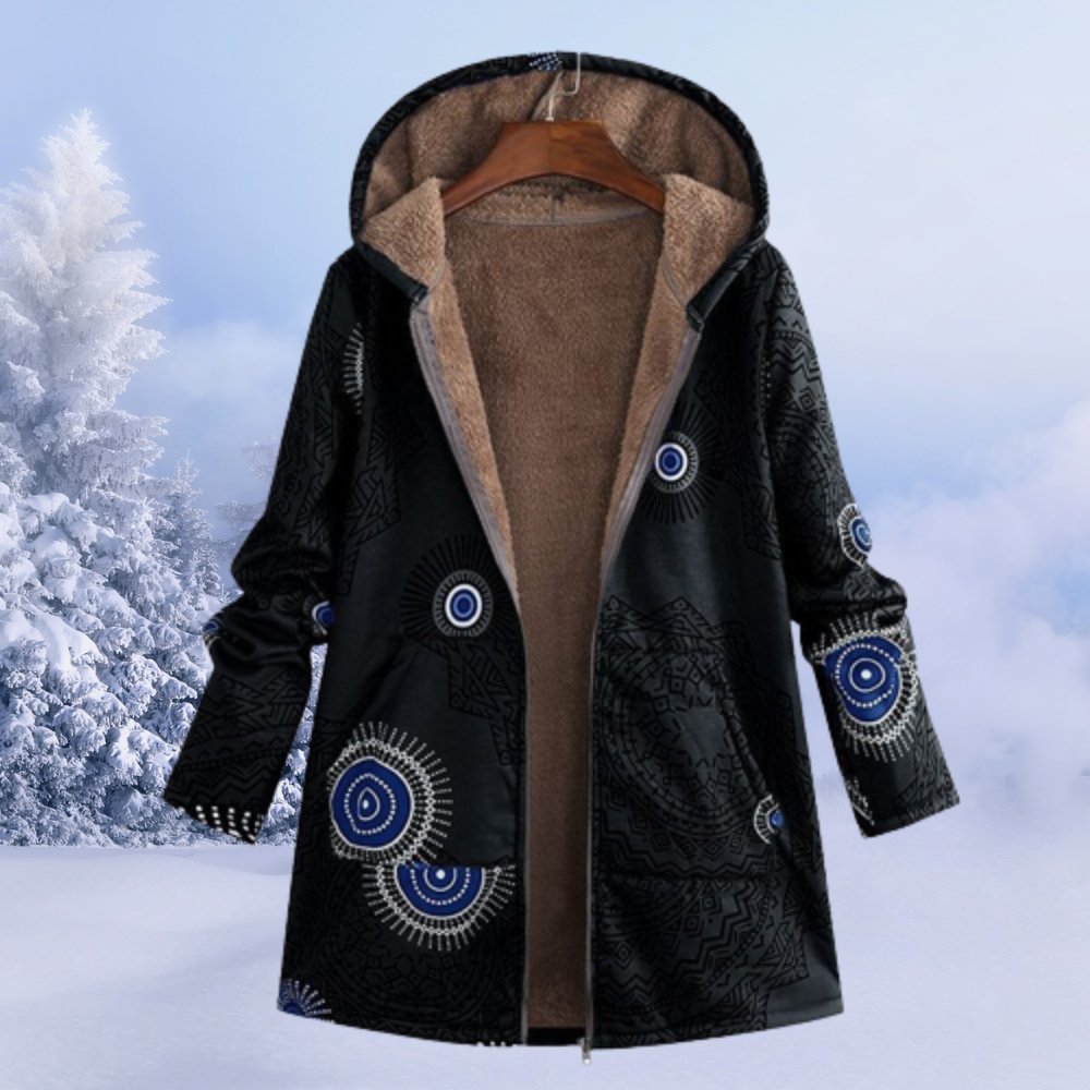 Dámský zimní kabát s kapucí z květovaného sherpa materiálu