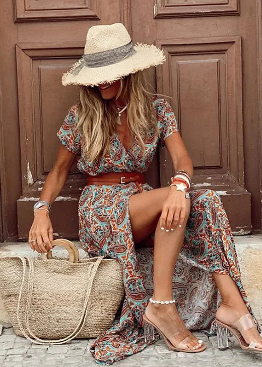 Briony – Elegantní dlouhé šaty s paisley vzorem a páskem