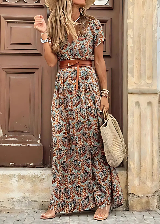 Briony – Elegantní dlouhé šaty s paisley vzorem a páskem