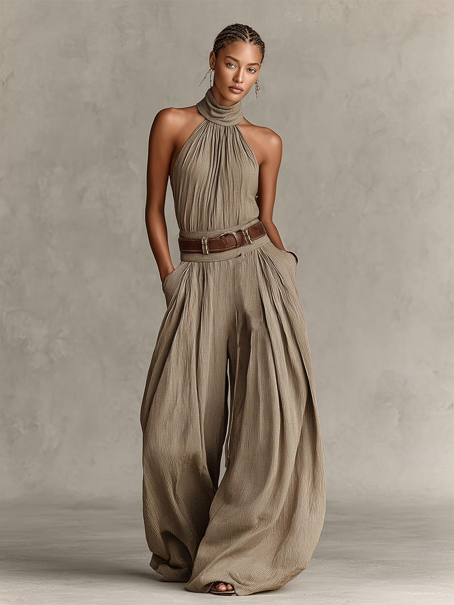 Dámský overal ze směsové bavlny v barvě taupe s americkým průramkem a širokými nohavicemi, nadčasový boho-elegantní styl (bez pásku)